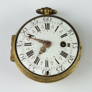 ESTIENNE LE NOIR, a 17th Century keywind fusee verge pocket watch, the movement inscribed Estienne Le Noir Paris with enamelled dial, now contained in a later gilt case engraved with flowers 50mm 