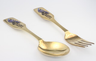 A Michelsen, a silver gilt fork and spoon with enamelled decoration 93 grams