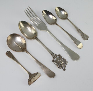 A silver founders spoon Sheffield 1924 together with minor spoons and forks, 146 grams