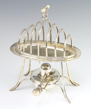 An Art Deco Asprey silver plated muffin warmer/toast rack with burner, raised on splayed feet 