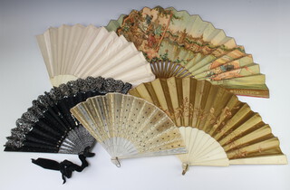 An Edwardian embroidered silk work fan decorated flowers 21cm, a plain ditto together with 3 Spanish fans 