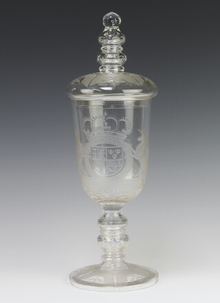 A 20th Century cut glass cup and cover decorated with The Royal Coat of Arms 33cm 
