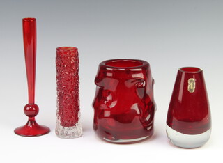 A red Whitefriars bulbous vase with original label 11cm, a pear shaped ditto with label 11cm, a tapered posy vase 18cm with label and a red knobbly vase 13cm 