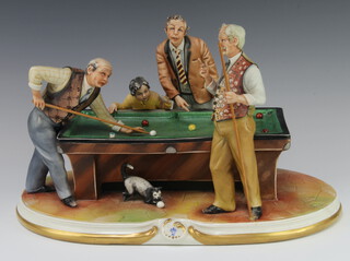 A Capodimonte figure group of 3 snooker players raised on a rococo base, signed, 36cm 