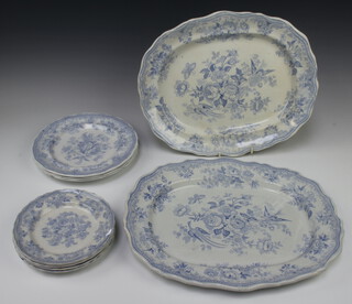 A quantity of Victorian blue and white Adriatic pheasant transfer print dinnerware decorated with flowers, comprising 11 small plates, 20 dinner plates and 6 oval meat platters 