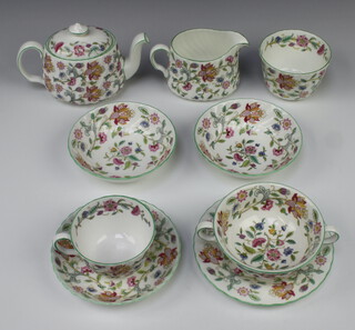A Minton Haddon Hall part service comprising 6 tea cups, 6 saucers (1 a/f), 10 two handled bowls (2 a/f), 10 saucers, milk jug, sugar bowl, small teapot, 6 small plates, 6 dessert bowls 