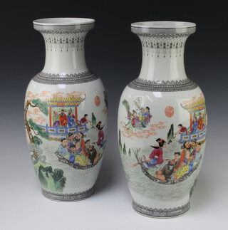 A pair of Chinese Republic oviform vases decorated with figures in boats with script 36cm 