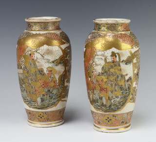 A pair of early 20th Century Japanese Satsuma oviform vases decorated with panels of figures at pursuits 18cm 