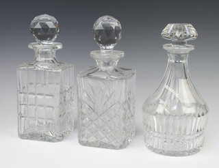 A Brierley cut glass mallet shaped decanter with mushroom stopper, 23cm and 2 square cut spirit decanters 23cm 