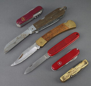 A multi bladed folding knife with horn grip, 1 other, 2 cloisonne knives and 2 other knives