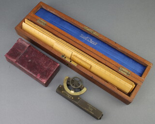 An Abney's level no.1800 with leather carrying case (case f) together with 4 Stanley's Engineer rules and 2 short Stanley rules contained in a mahogany box with hinged lid (2 rules have damage to the sides, mahogany box missing a brass panel to the top of the lid) 