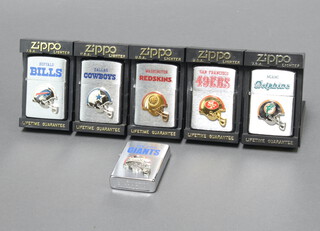 Six Zippo lighters decorated American baseball teams - New York Giants, San Francisco 49ers, Washington Redskins, Miami Dolphins and Dallas Cowboys, Buffalo Bills, all boxed except for New York Giants 