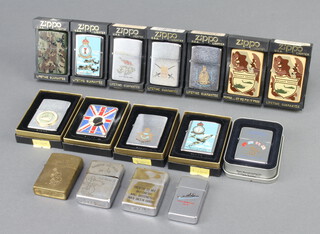 Sixteen Zippo lighters including Vietnam 1968, Vietnam 1968/69 Taynihi, Vietnam 1969/70 Saigon, USS Wainwright, VE Day 1945, Victory in Europe, Falklands War, two Dessert Shields, Royal Marine Commando, Army, Royal Air Force, Back to the Beaches, Battle of Britain Lancaster Bomber Command and a camouflage ditto