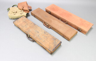 A cloth shotgun case labelled E Gale & Sons gun makers Bideford containing a cleaning rod 6cm x 81cm x 20cm (straps missing and some wear to the fabric), 2 unmarked ditto 7cm x 77cm x 21cm (missing straps) and 8cm x 81cm x 21cm  and a webbing bag marked 1942 and a brown webbing gun slip