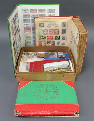 A green stock book of Elizabeth II mint and used stamps, a Standard album of mint and used world stamps including GB, Victoria and later, Spain, Romania, Kenya, India, Holland, Germany, etc, a Standard album of world stamps, a child's stamp album and a small box containing various first day covers, loose stamps etc