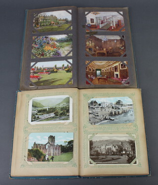 Two albums of 1920's black and white and coloured postcards of romantic scenes and tourist destinations 