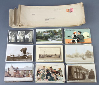 Two First World War embroidered postcards, a black and white postcard of Vesta Tilley, ditto Mr Grahame-White aircraft and ditto The Avaro together with a collection of other postcards, stamped envelopes