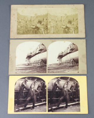 Isambard Kingdom Brunel interest, a stereoscopic slide by Robert Howlett and George Downes.  The arched photos featuring Captain Harrison leaning against SS Great Eastern.  The card impressed bottom left "The London Stereoscopic Company 54 Cheapside", the reverse printed "The Great Eastern In the Stereoscope Photographed by special permission of the Board of Directors Captain Harrison Commander of the Ship".  A second similar slide marked on the reverse with pink label 8 "THE LEVIATHAN, STEAM SHIP Forward cradle and sheave for hauling tackle" detailing construction of the ship.  A third slide of square photos with no stamps or text with purple coloured reverse featuring construction of a railway with Victorian engineers observing.  