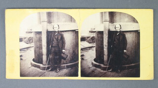 Isambard Kingdom Brunel, a rare stereoscopic slide featuring Brunel leaning on the chimney of the SS Great Eastern.  The yellow card impressed bottom left "The London Stereoscopic Company 54 Cheapside", the reverse printed "The Great Eastern In the Stereoscope Photographed by special permission of the Board of Directors I.K Brunel Esq.." (taken on his last visit to the Ship).  84mm x 174mm

In this photo from 5th September 1859 Brunel had been making a final inspection visit, but shortly after this photo was taken he suffered a stroke and died ten days later.