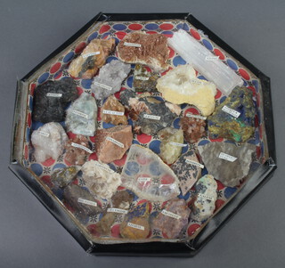 27 various geological specimens contained in an octagonal display case 4cm h x 29cm w x 30cm d 