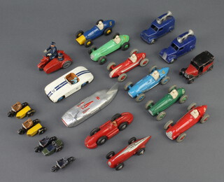10 Dinky model racing cars - K23 Talbot Lago, 23 Maserati, 23J H.W.N, 23H Ferrari, 23G Cooper-Bristol, 23F Alfa Romeo, 133 Cunningham C-5R and 3 other racing cars, 2 Meccano AA motorcycle and sidecars, Police motorcycle and sidecar, 1 other, 2 radio vans and a taxi