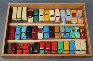 A model 109 Dinky MG Midget, 111 Dinky Triumph TR2, 110 Aston Martin, 261 Telephone service van, 260 Royal Mail Van, 270 Austin Shell van, ditto Nestle and various other vehicles contained in a shallow tray, play worn and some repainted 