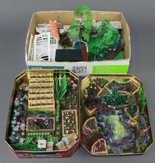 A 1960/70's Britains plastic garden together with a greenhouse and shed 