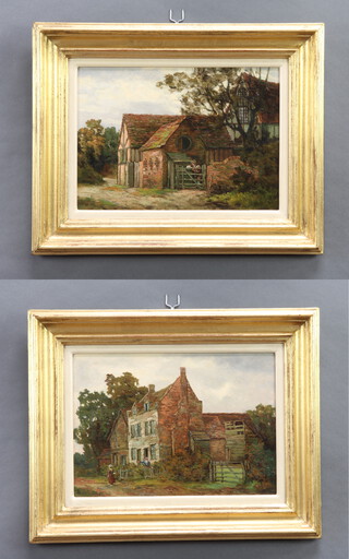 T Allen 1882/1883, oil paintings on board, a pair, figures before a farmhouse and a man standing at a farm gate, unsigned but inscribed to the reverse 25cm x 35cm 