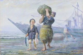 Jirokichi Kasagi (1870-1923), watercolour signed, study of fishermen on a beach, 32cm x 47cm 