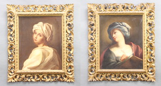 After Guido Reni, oil on canvas unsigned portrait of Beatrice Cenci, 60cm x 48cm and one other portrait of a lady writing 60cm x 49cm, contained in gilt carved rococo frames 