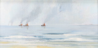 Gerald Parkinson (born 1926), oil on board, study of fishing vessels going to sea 45cm x 90cm 