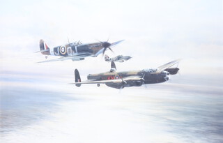 Robert Taylor, print signed in pencil by Leonard Cheshire, Johnnie Johnson, Peter Townsend and Robert Taylor, "Memorial Flight" Spitfire, Hurricane 42cm x 58cm 