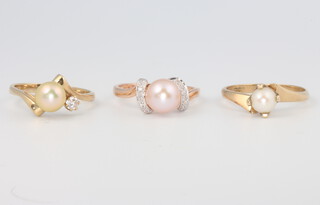 Three 9ct yellow gold pearl set rings size O, Q and Q, 7.5 grams