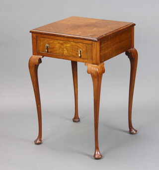 A 1930's Queen Anne style walnut quarter veneered occasional table  on cabriole supports fitted a drawer 71cm h x 45cm w x 45cm d (water stains to the top, section of back plate to the right handle missing) 