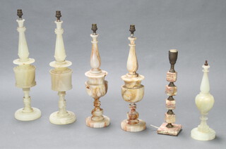 Two pairs of turned onyx table lamps 52cm x 13cm and 59cm x 12cm (1 a/f) and 2 other onyx lamps