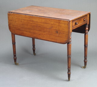 A Victorian mahogany Pembroke table fitted a drawer raised on turned supports 75cm h x 95cm x 47cm (there is damage to the rule joints and the top of 1 flap, 2 tore handles are missing) 