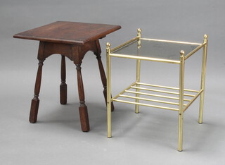 An Art Nouveau square oak occasional table on outswept turned and block supports 52cm h x 46cm w x 45cm d (split to top) together with a gilt metal lamp table with plate glass top 52cm h x 42cm w x 42cm d 