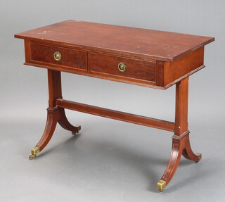 A Georgian style mahogany sofa table fitted 2 drawers raised on standard end supports, H framed stretcher 75cm h x 99cm w x 52cm d 