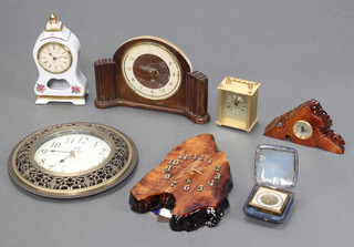 A Natural Wood Creations wall clock, ditto mantel clock, wall clock, reproduction gilt carriage clock, 1930's mantel timepiece and 1 other clock 
