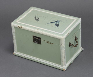 A turquoise painted trinket box with hinged lid the lid decorated ladies shoes 23cm x 34cm x 23cm 