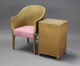 A gold painted Loom bedroom tub back chair and a ditto rectangular linen basket 59cm h x 38cm w x 30cm d  
