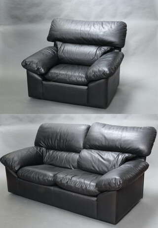 A World of Leather two seat sofa upholstered in black leather 89cm h x 127cm w x 80cm d (seat 110cm w x 36cm d) together with a matching armchair  88cm h x 113cm w x 84cm d (seat 40cm x 34cm) 