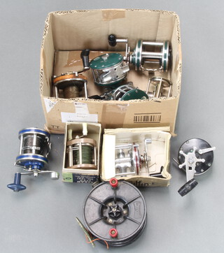 A Gilfin No.300 fishing reel boxed, an Ocean City 1581 reel boxed, an Academy black Bakelite centrepin reel, 3 bass fisher reels, a Mitchell 620, Dolphin Olympic 621 and 1 other reel 