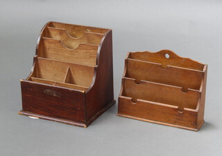 An oak stepped letter rack 26cm h x 26cm w x 23cm d, 1 other 23cm x 27cm x 8cm, a wooden box with hinged lid 22cm x 47cm x 32cm 