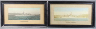 Two Maritime photographs - Cruiser Coventry and Battlecruiser Repulse 22cm x 58cm, watercolour, unsigned, "HMS Prince of Wales" 20cm x 47cm and T G Dutton, print "HM Ironclad" double turret ship Cyclops lithograph, 41cm x 61cm, contained in a maple frame
