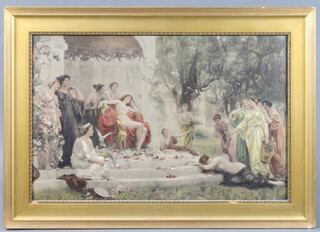 An Edwardian print, still life study of classical figures in a garden 46cm x 73cm 