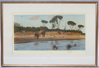 Anthony Gibbs, print, "Evening on the Galana" study of elephants, signed in pencil 44cm x 79cm 