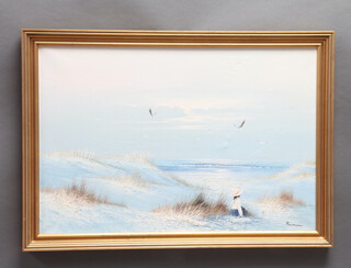 20th Century oil on canvas, indistinctly signed, beach scene with figure and seagulls 60cm x 90cm 