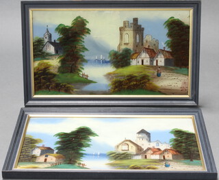 A pair of reverse paintings on glass of Scottish loch scenes with buildings, figures and distant mountains 33cm x 15cm 