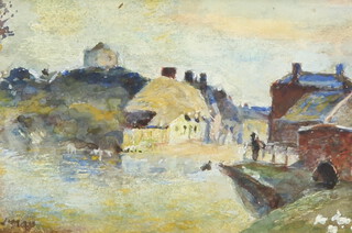 Early 20th Century naive watercolour, indistinctly signed Scottish street scene label on verso 13cm x 21cm 